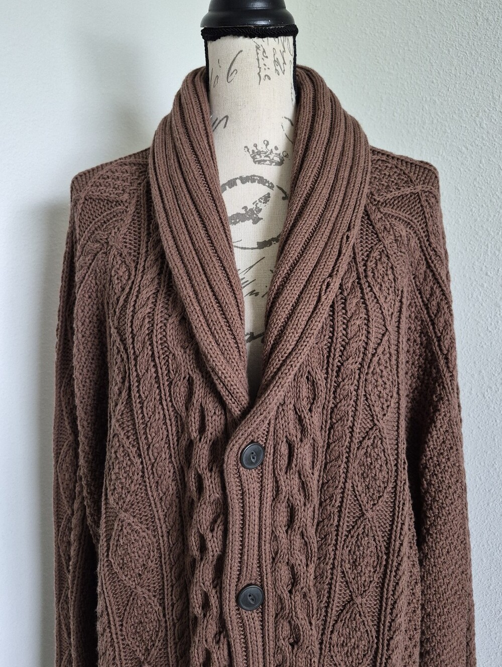 LL Bean Signature Cotton Fisherman Cable Knit Cardigan Sweater XXL Shawl Brown - Picture 4 of 14
